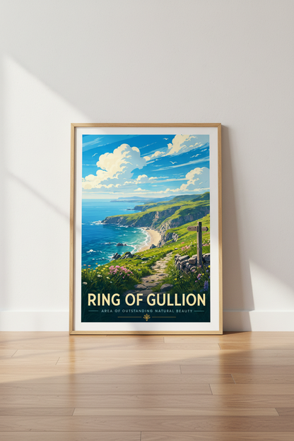 Ring of Gullion Travel Poster | Ireland Coastal Wall Art | Blue Green Nature Decor