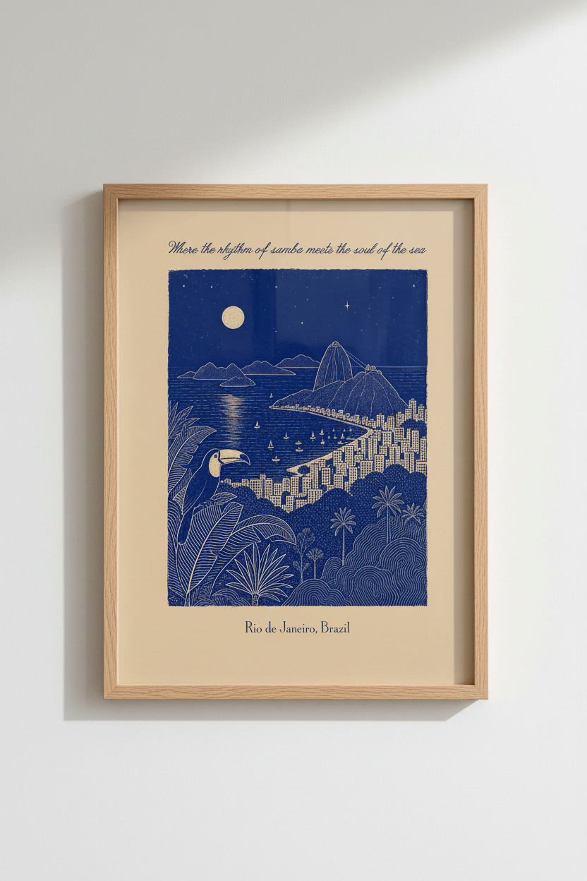Linocut Rio de Janeiro Wall Art Print | Living Room Decor | Coastal Poster