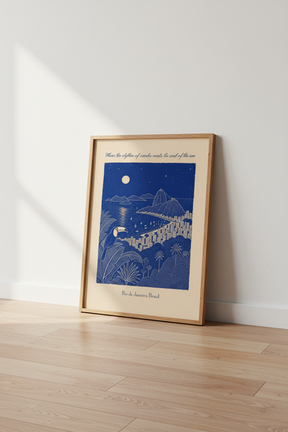 Linocut Rio de Janeiro Wall Art Print | Living Room Decor | Coastal Poster