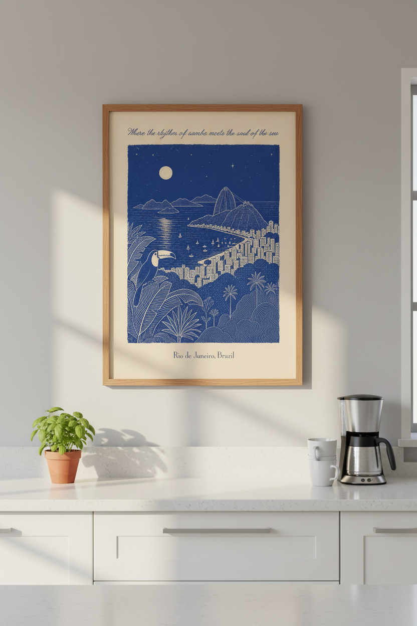 Linocut Rio de Janeiro Wall Art Print | Living Room Decor | Coastal Poster