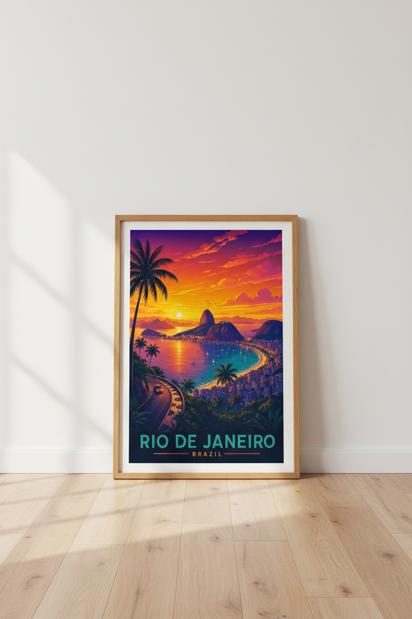 Rio de Janeiro Brazil Poster | Retro Vibrant Sunset Wall Art, Tropical Living Room Decor