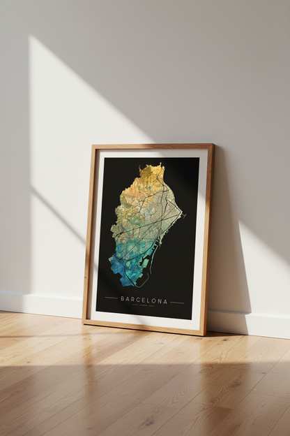 Barcelona City Map Wall Art | Teal &amp; Gold Minimalist Poster, Modern Office Decor