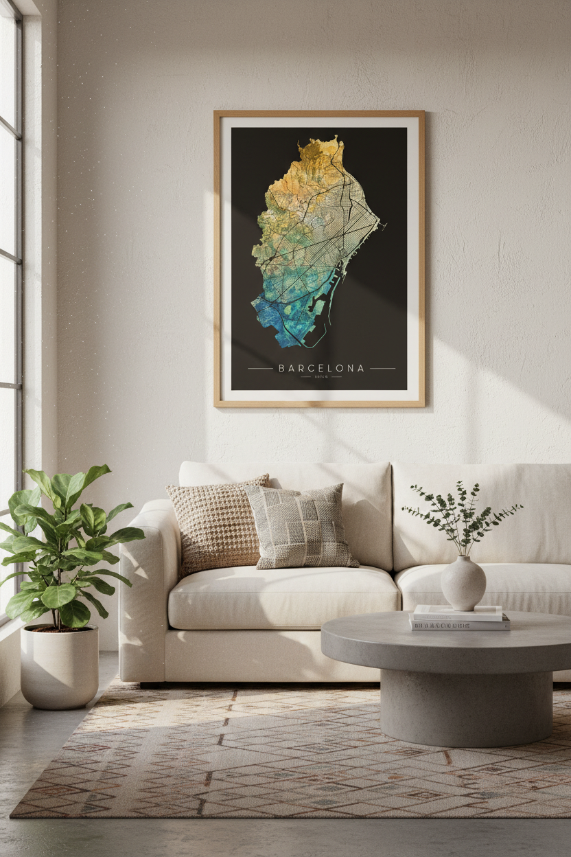 Barcelona City Map Wall Art | Teal &amp; Gold Minimalist Poster, Modern Office Decor