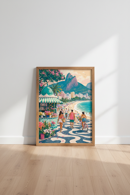 Rio de Janeiro Beach Wall Art Print | Tropical Coastal Decor | Pastel Travel Poster