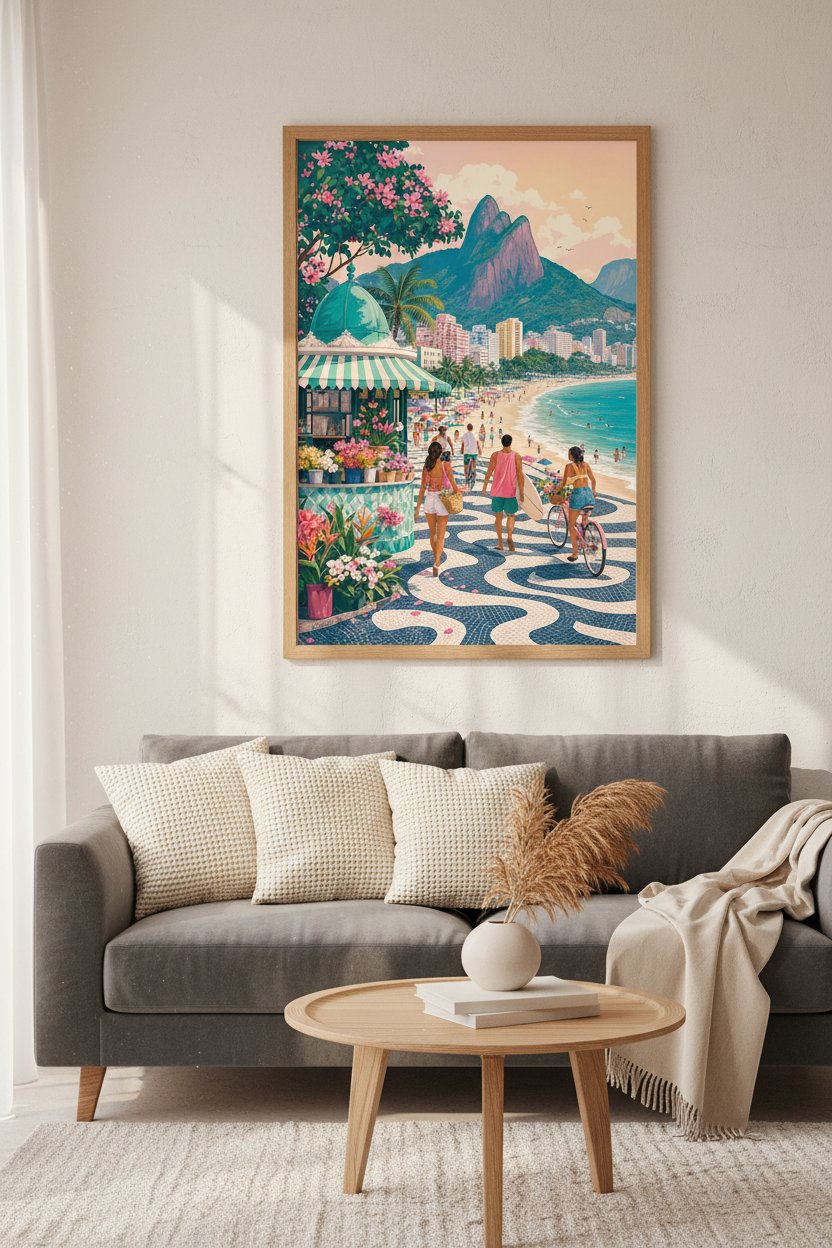 Rio de Janeiro Beach Wall Art Print | Tropical Coastal Decor | Pastel Travel Poster