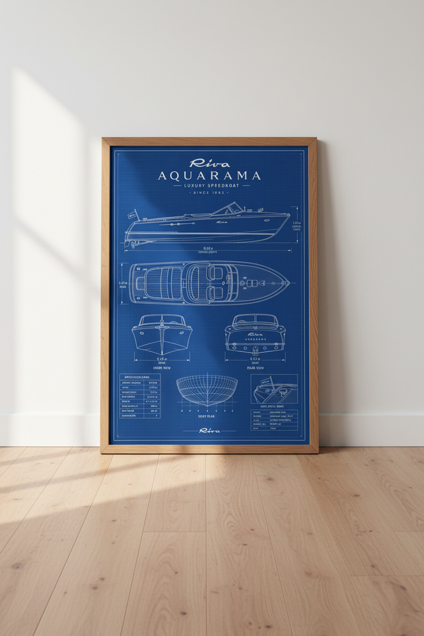 Riva Aquarama Blueprint Wall Art | Nautical Speedboat Poster, Lake House Decor