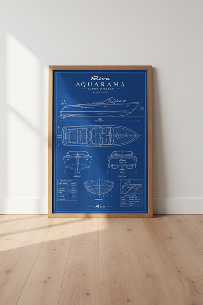 Riva Aquarama Blueprint Wall Art | Nautical Speedboat Poster, Lake House Decor