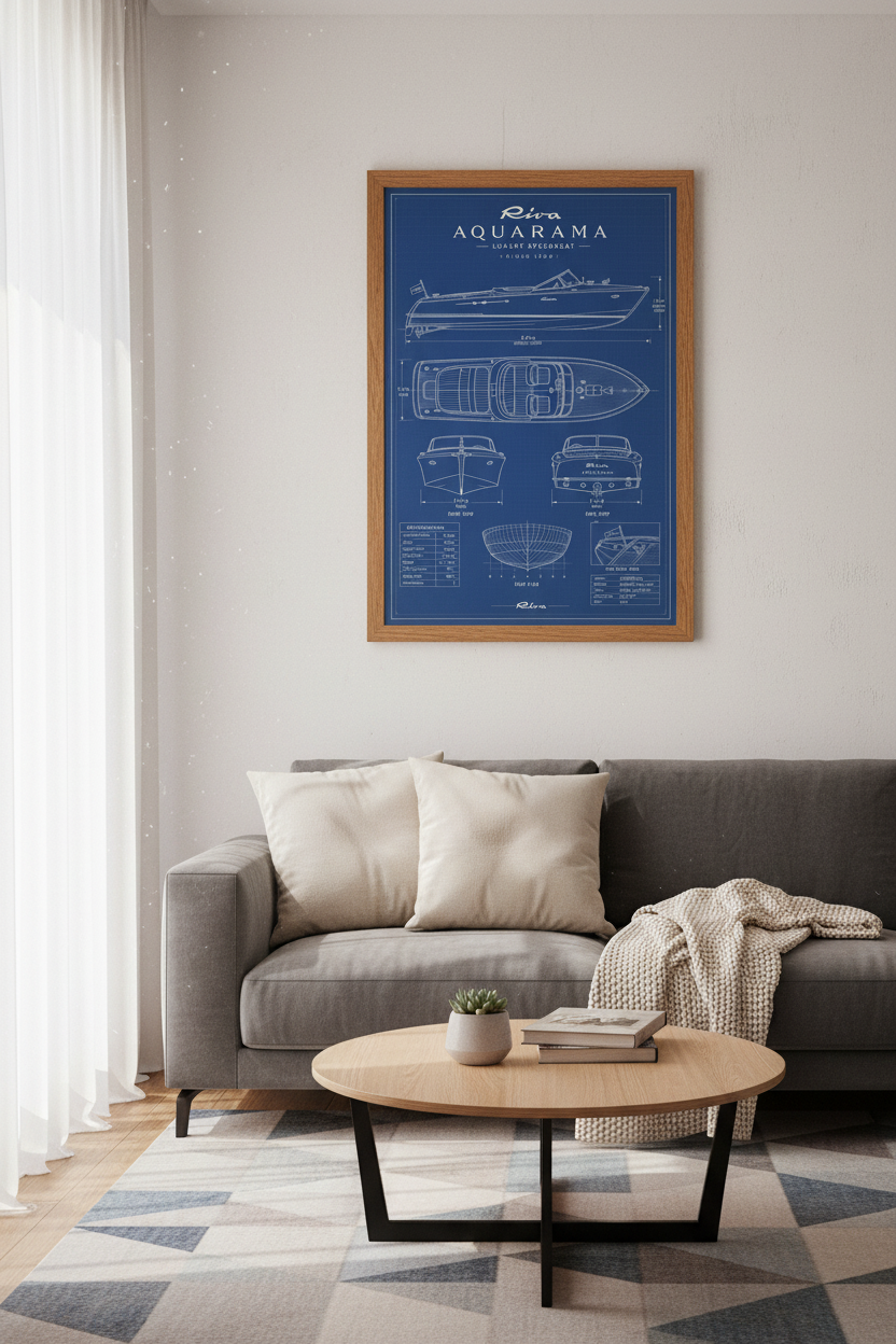 Riva Aquarama Blueprint Wall Art | Nautical Speedboat Poster, Lake House Decor