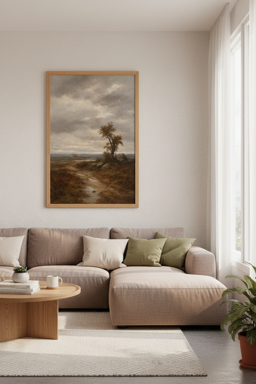 Vintage Landscape Painting | Solitary Tree Moody Sky, Farmhouse Wall Art