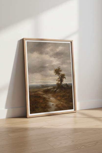 Vintage Landscape Painting | Solitary Tree Moody Sky, Farmhouse Wall Art