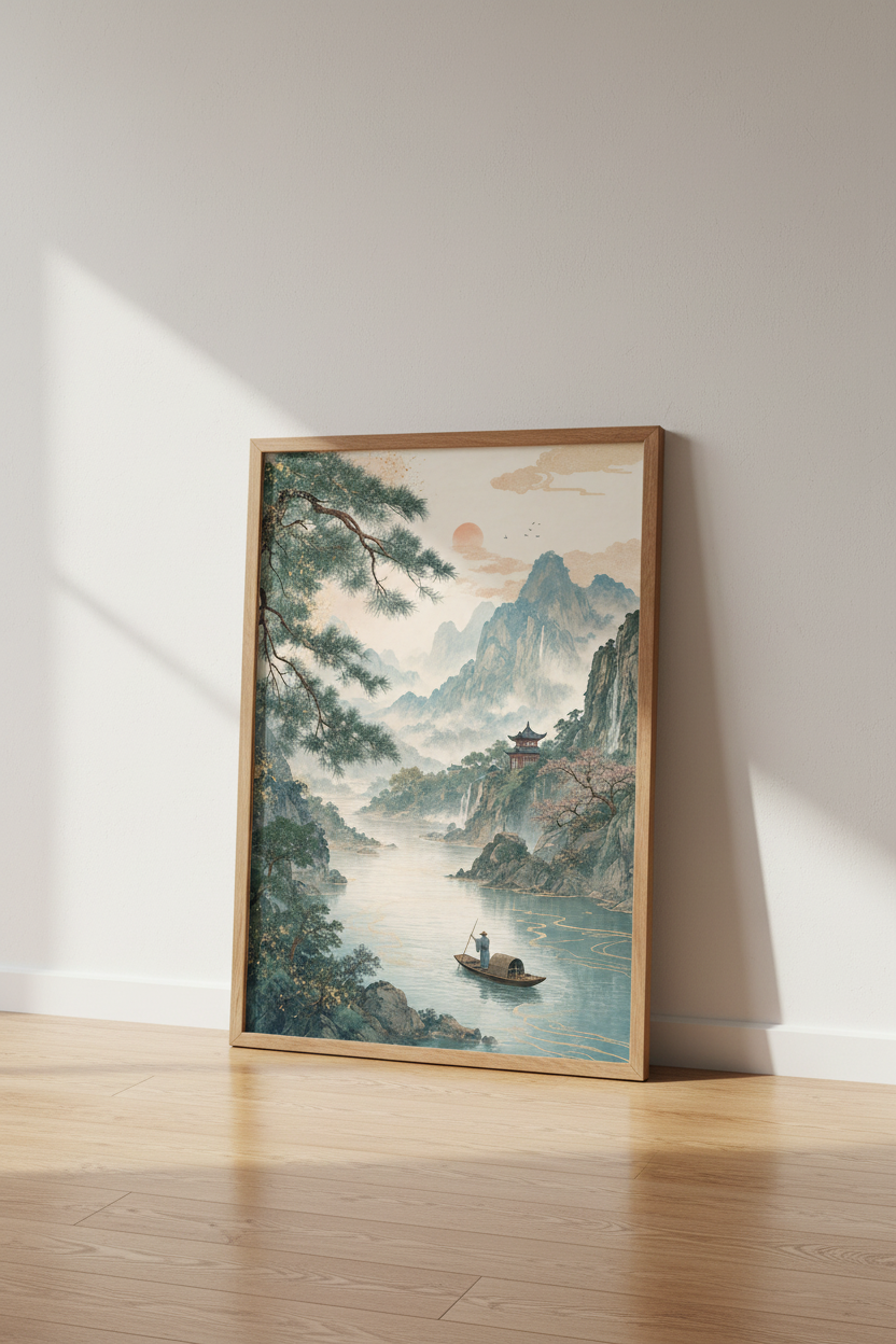 Ancient Japanese Landscape | Misty Mountain River Art, Zen Living Room Decor