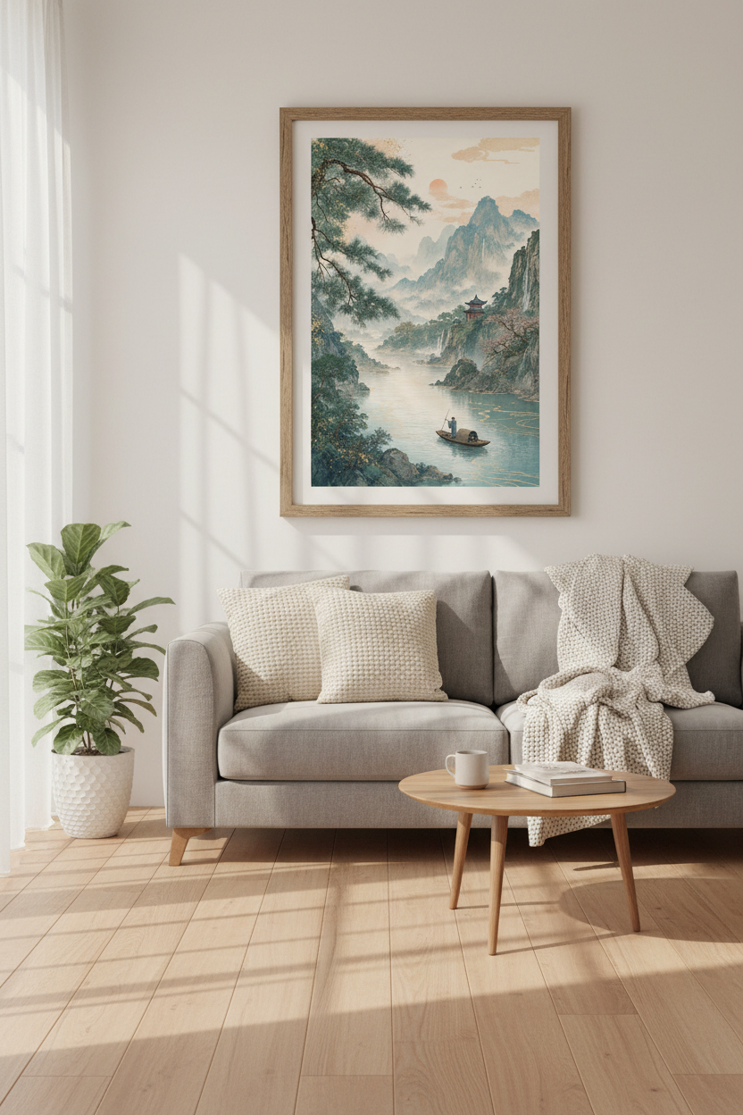 Ancient Japanese Landscape | Misty Mountain River Art, Zen Living Room Decor