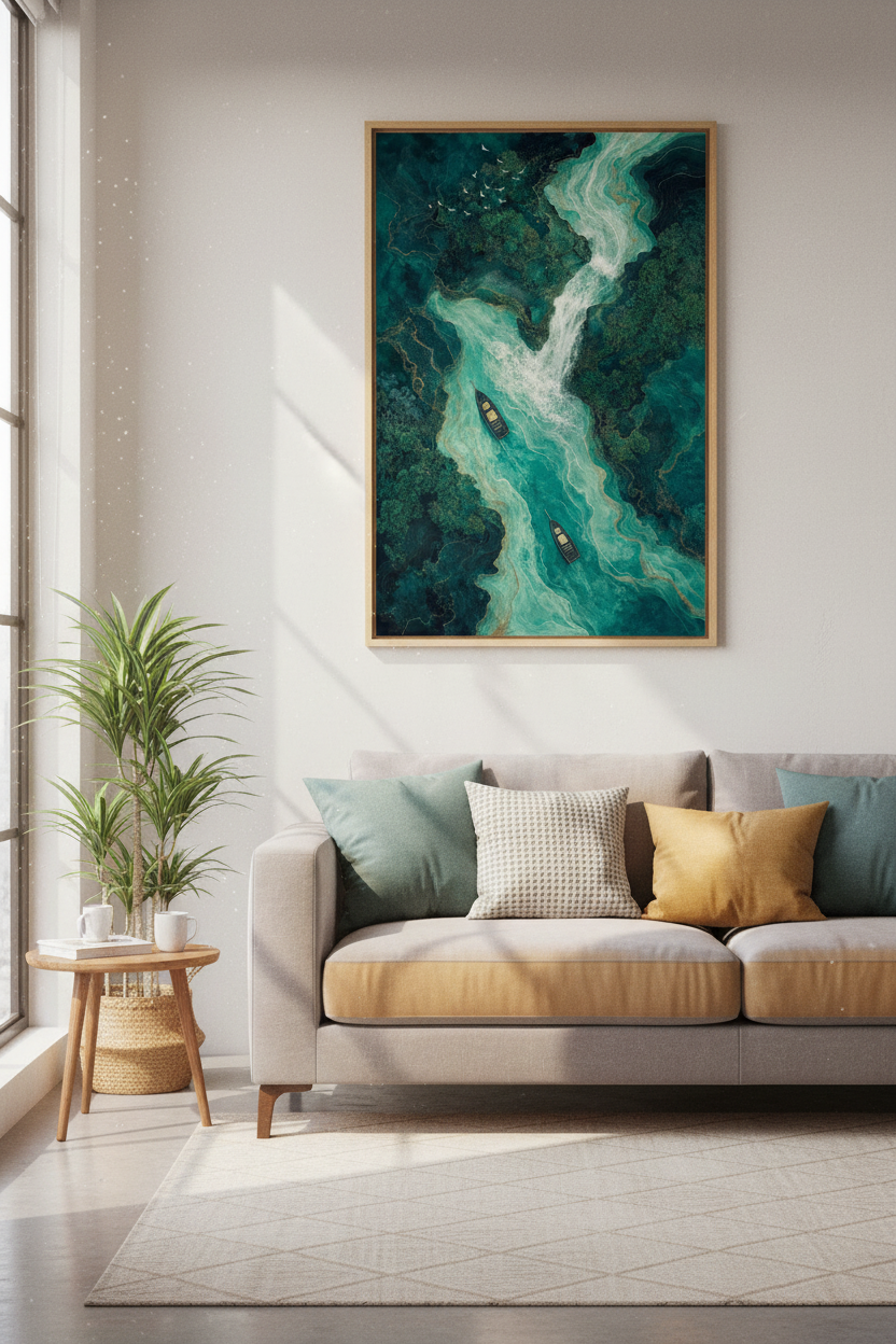 Teal River Aerial Wall Art | Emerald &amp; Gold Nature Decor, Bedroom Poster