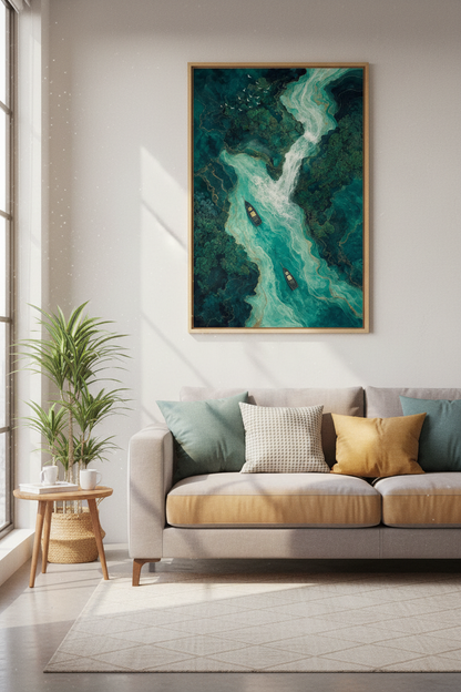 Teal River Aerial Wall Art | Emerald &amp; Gold Nature Decor, Bedroom Poster