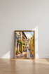 European Village Street Watercolor | Sunlit Cobblestone Art, Travel Poster