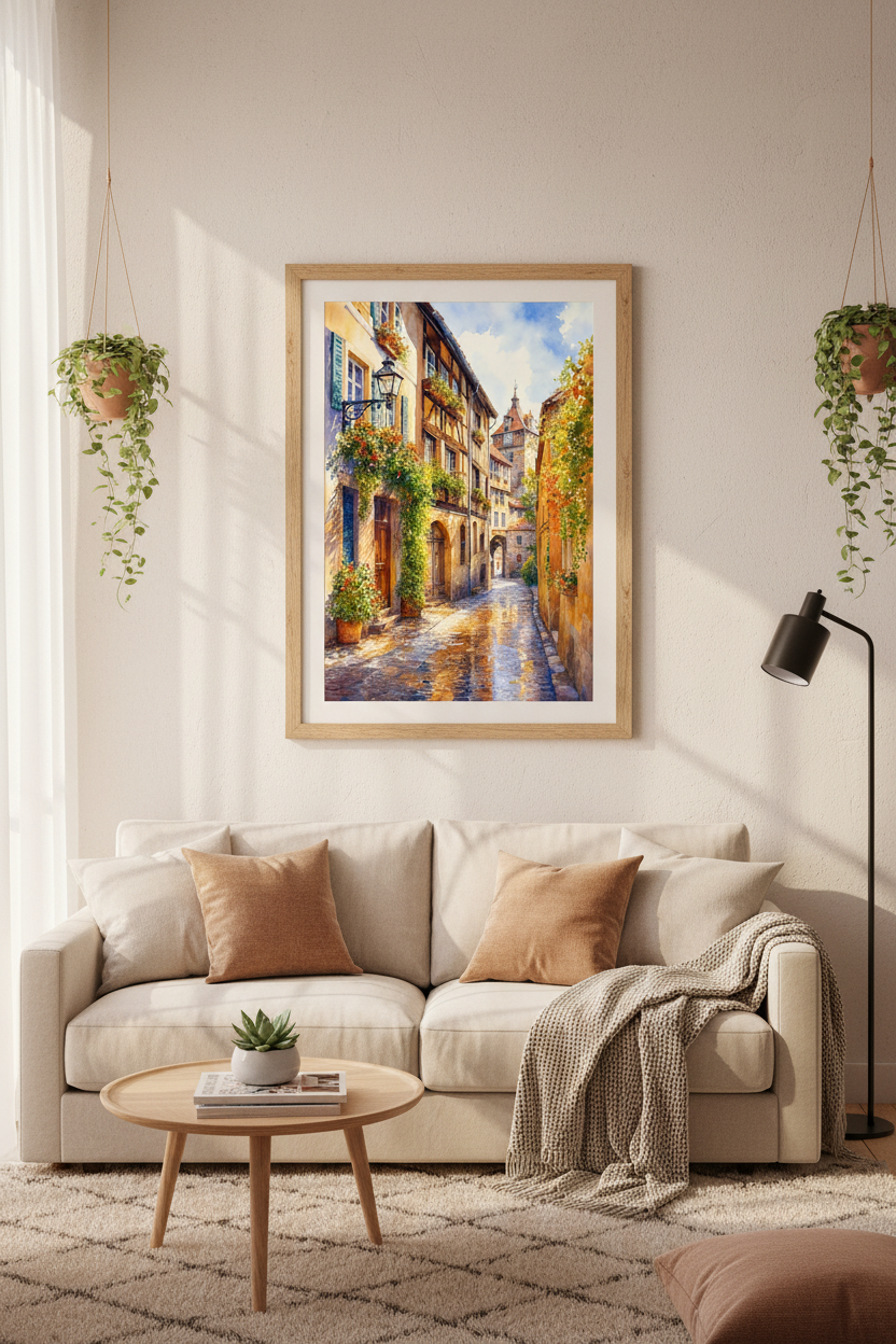 European Village Street Watercolor | Sunlit Cobblestone Art, Travel Poster