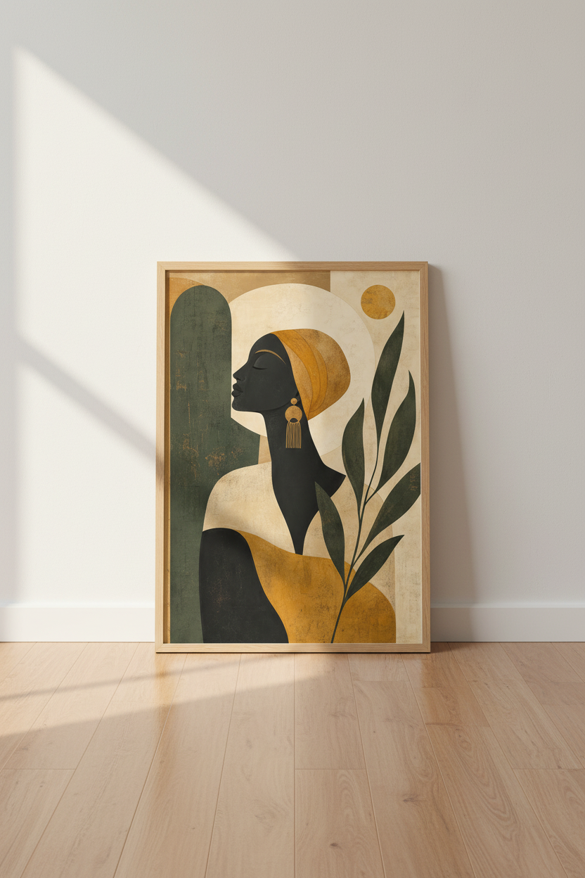 Boho wall art print | Abstract portrait in earthy tones, living room decor
