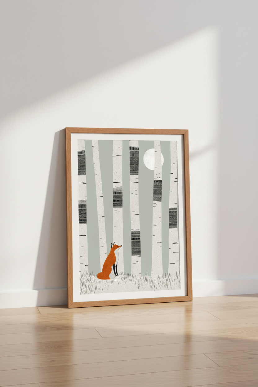 Folk Fox Birch Forest Wall Art Print | Woodland Nursery Decor | Scandi Nature Poster