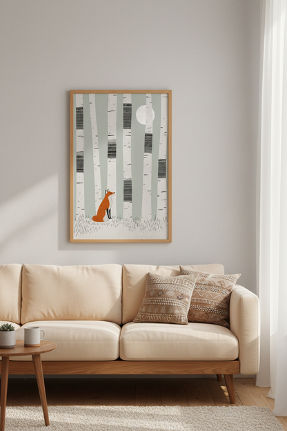 Folk Fox Birch Forest Wall Art Print | Woodland Nursery Decor | Scandi Nature Poster