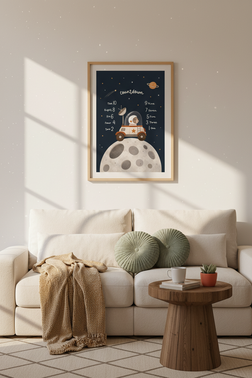 Space Bear Countdown Wall Art | Navy Nursery Decor | Whimsical Astronaut Poster