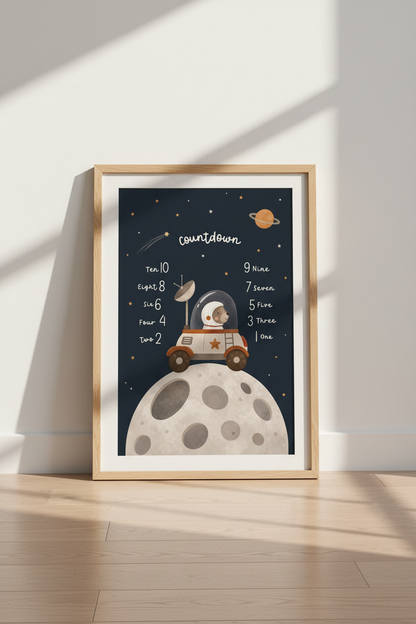 Space Bear Countdown Wall Art | Navy Nursery Decor | Whimsical Astronaut Poster