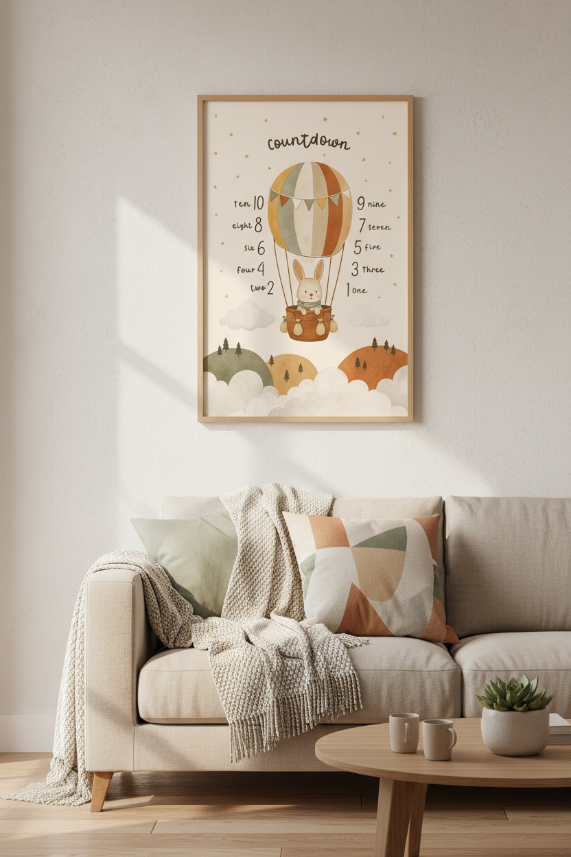 Bunny Hot Air Balloon Countdown Art | Nursery Decor | Boho Educational Poster