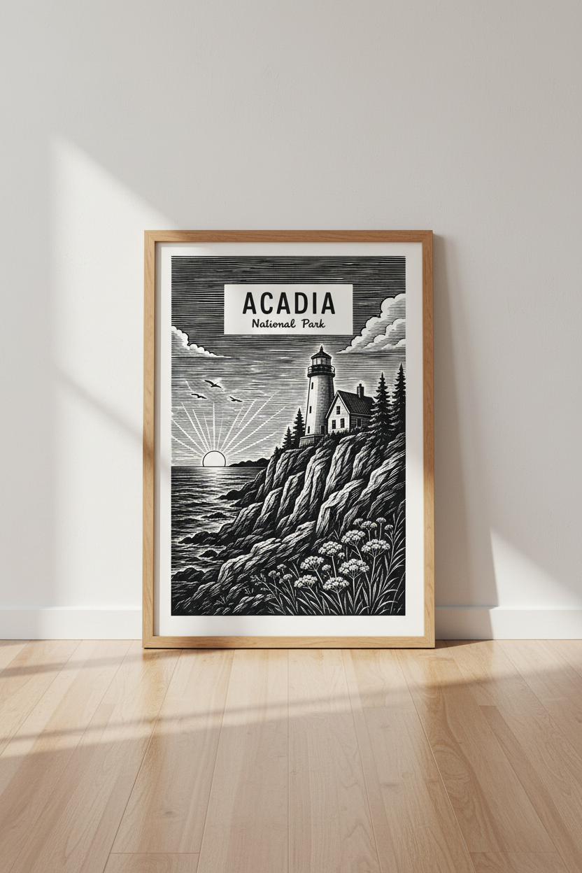 Acadia National Park Wall Art | Maine Lighthouse Woodcut Print, Coastal Office Decor
