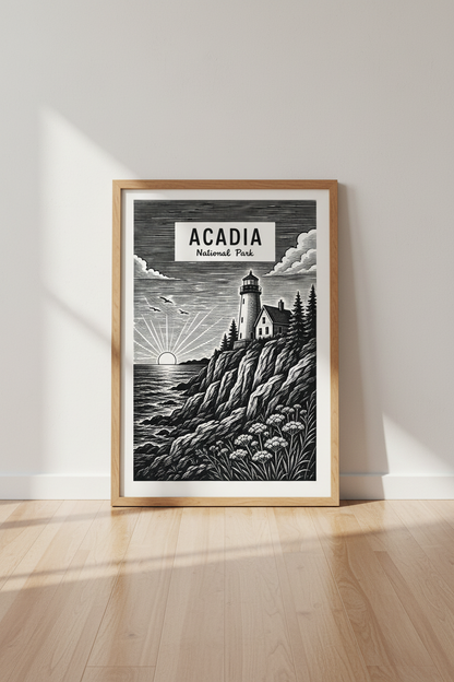 Acadia National Park Wall Art | Maine Lighthouse Woodcut Print, Coastal Office Decor