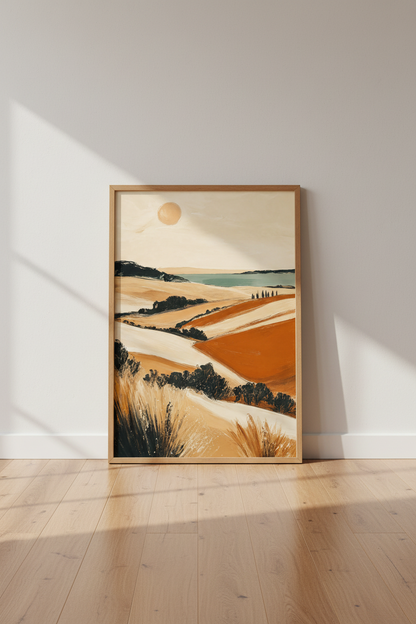 Abstract Mediterranean Landscape | Terracotta &amp; Teal Boho Art, Living Room Poster
