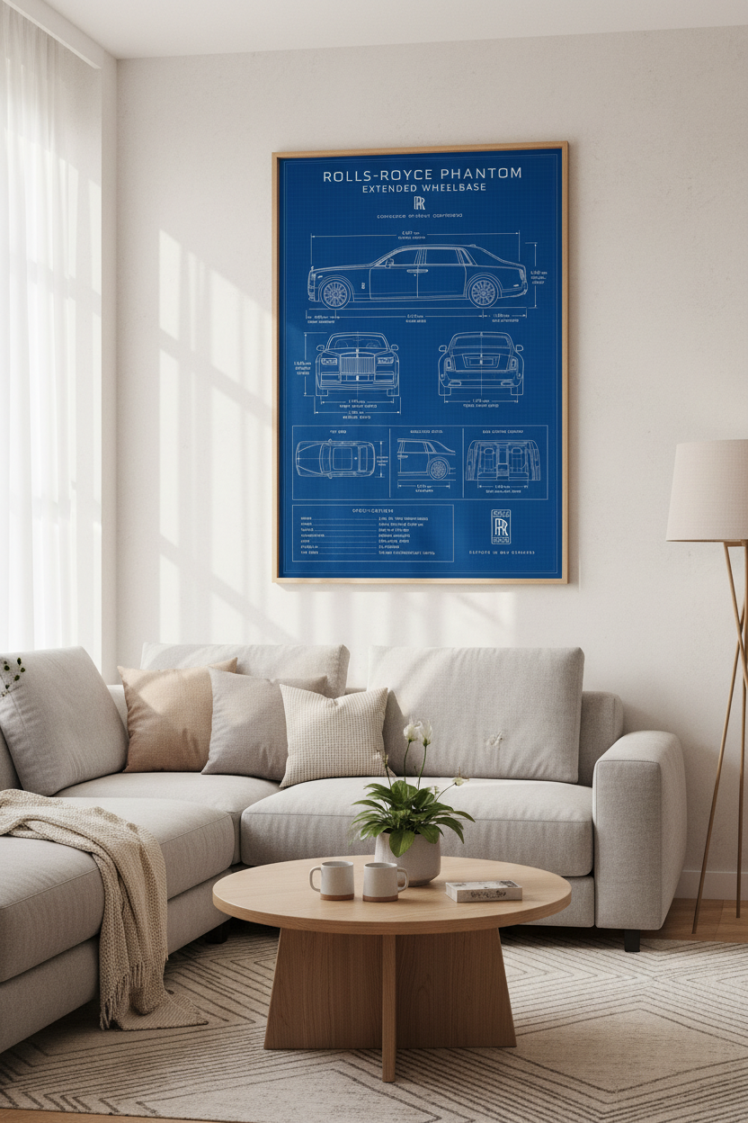 Rolls-Royce Phantom Blueprint Wall Art | Office Decor | Luxury Car Poster