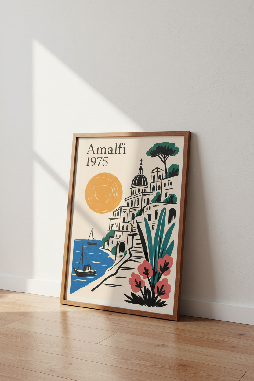 Amalfi 1975 Wall Art | Vintage Italy Coastal Poster, Minimalist Mediterranean Decor