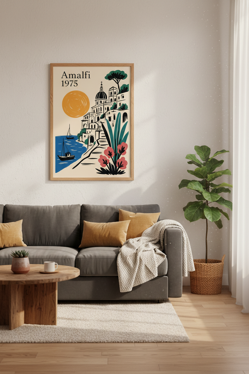 Amalfi 1975 Wall Art | Vintage Italy Coastal Poster, Minimalist Mediterranean Decor