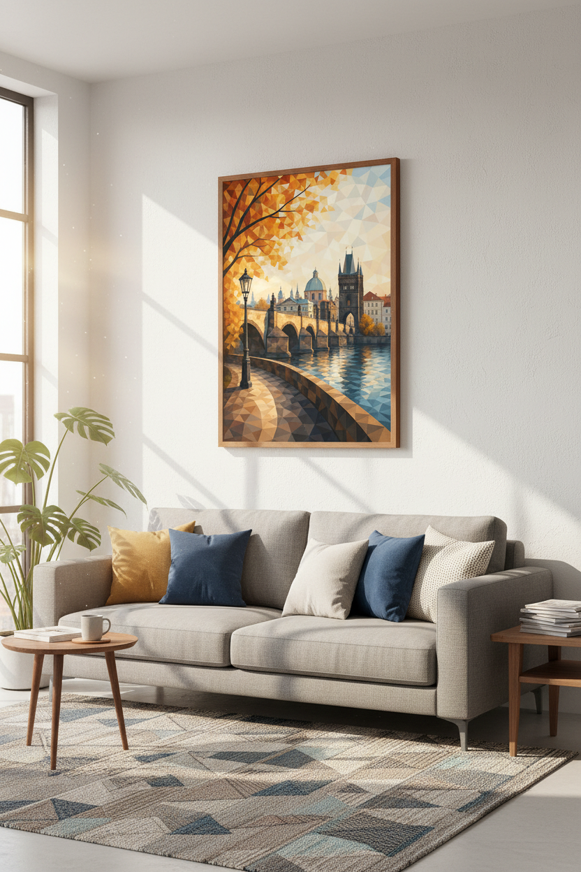 Prague Charles Bridge Wall Art | Geometric Low Poly Poster | Modern Fall Decor