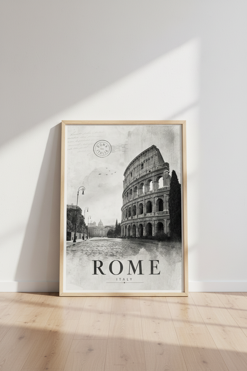 Rome Colosseum Wall Art | Vintage Italian Travel Poster, Black &amp; White Decor