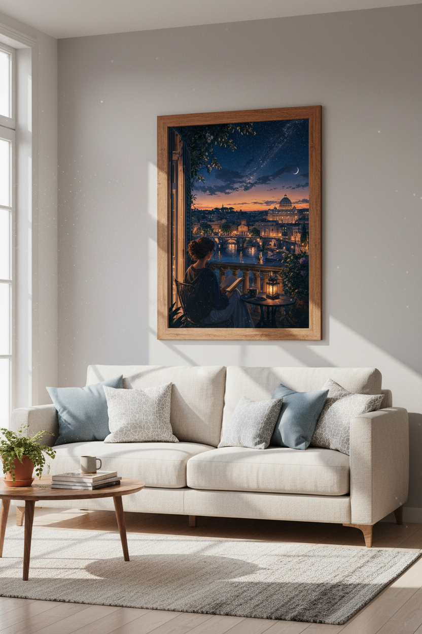 Rome Balcony Night Wall Art | Starry Sky Italy Poster | Cozy Reading Nook Decor