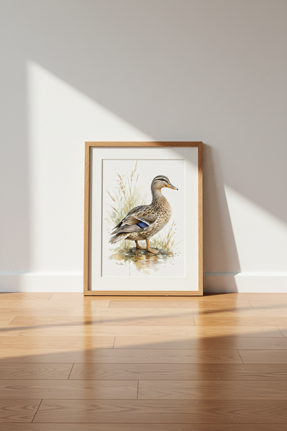 Mallard Duck Watercolor Art | Rustic Brown Bird Print, Farmhouse Lake House Decor
