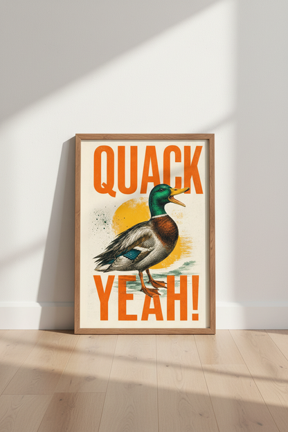 Mallard Duck Quack Yeah Wall Art | Retro Orange Bird Poster | Funny Decor