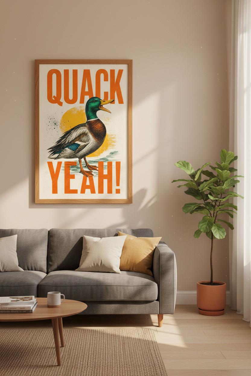 Mallard Duck Quack Yeah Wall Art | Retro Orange Bird Poster | Funny Decor