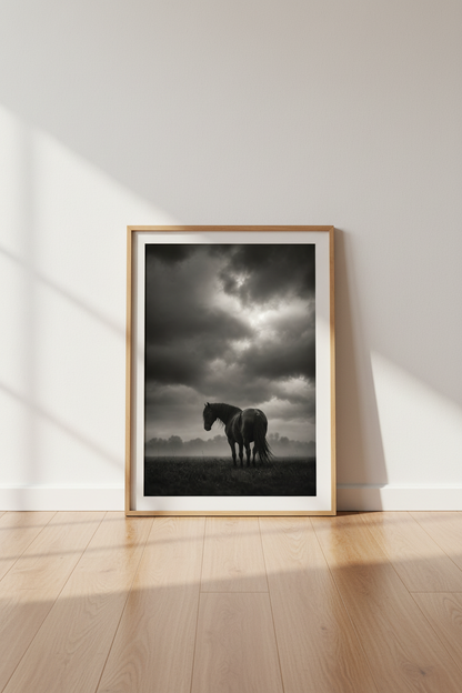 Horse Wall Art Print | Moody Black and White Photography, Dark Aesthetic Poster