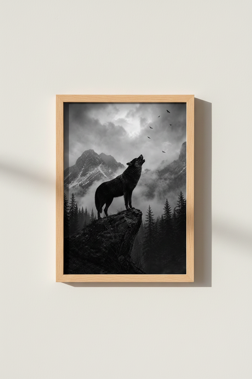 Wolf Wall Art Print | Dark Forest Moody Landscape | Black and White Nature Poster