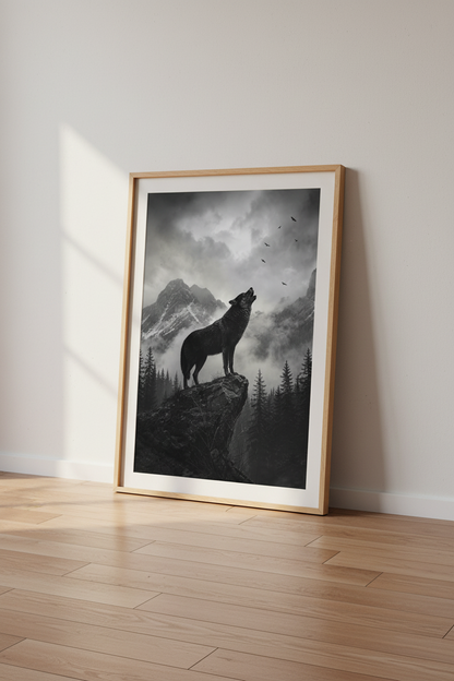 Wolf Wall Art Print | Dark Forest Moody Landscape | Black and White Nature Poster