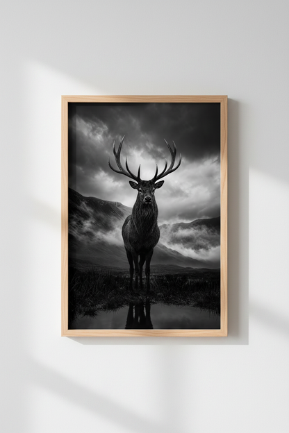 Rustic Stag Wall Art | Black and White Deer Print, Moody Mountain Cabin Poster