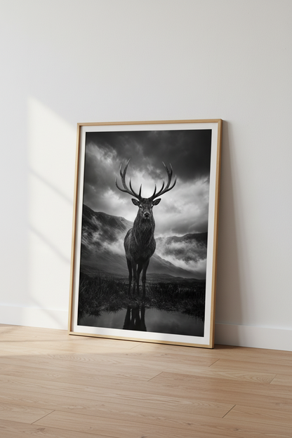 Rustic Stag Wall Art | Black and White Deer Print, Moody Mountain Cabin Poster