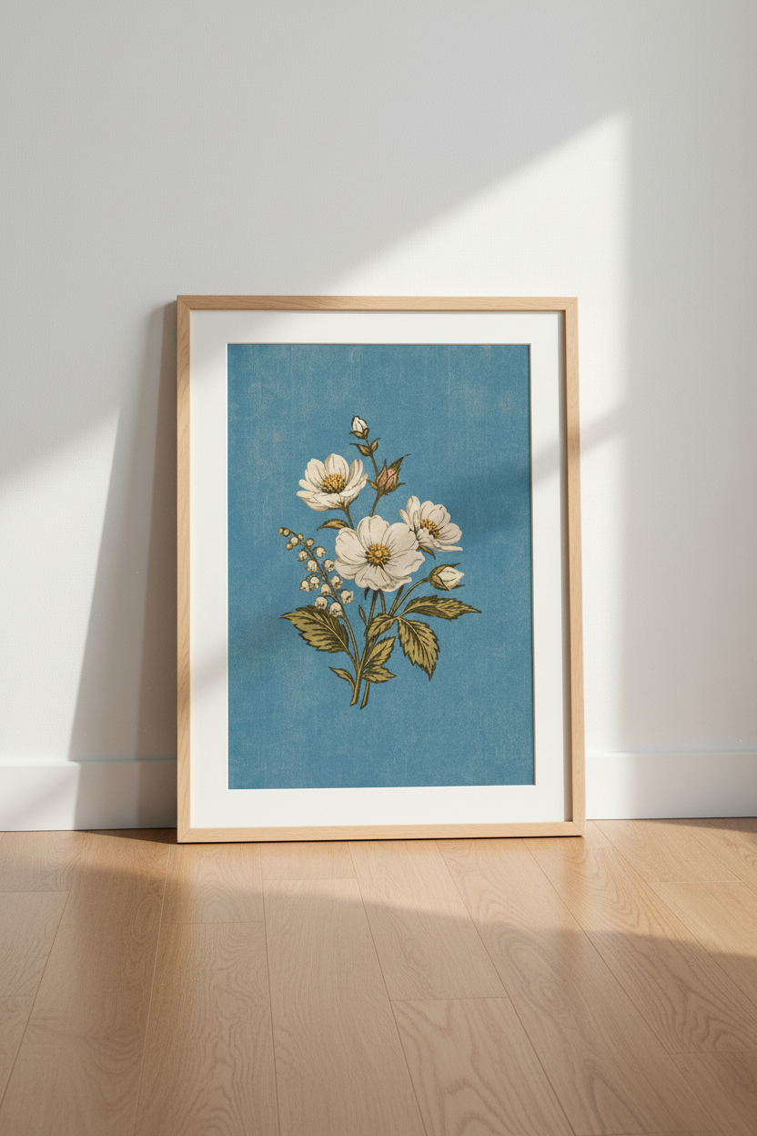 Vintage Botanical Flower Print | Blue Cottagecore Wall Art, Bedroom Decor