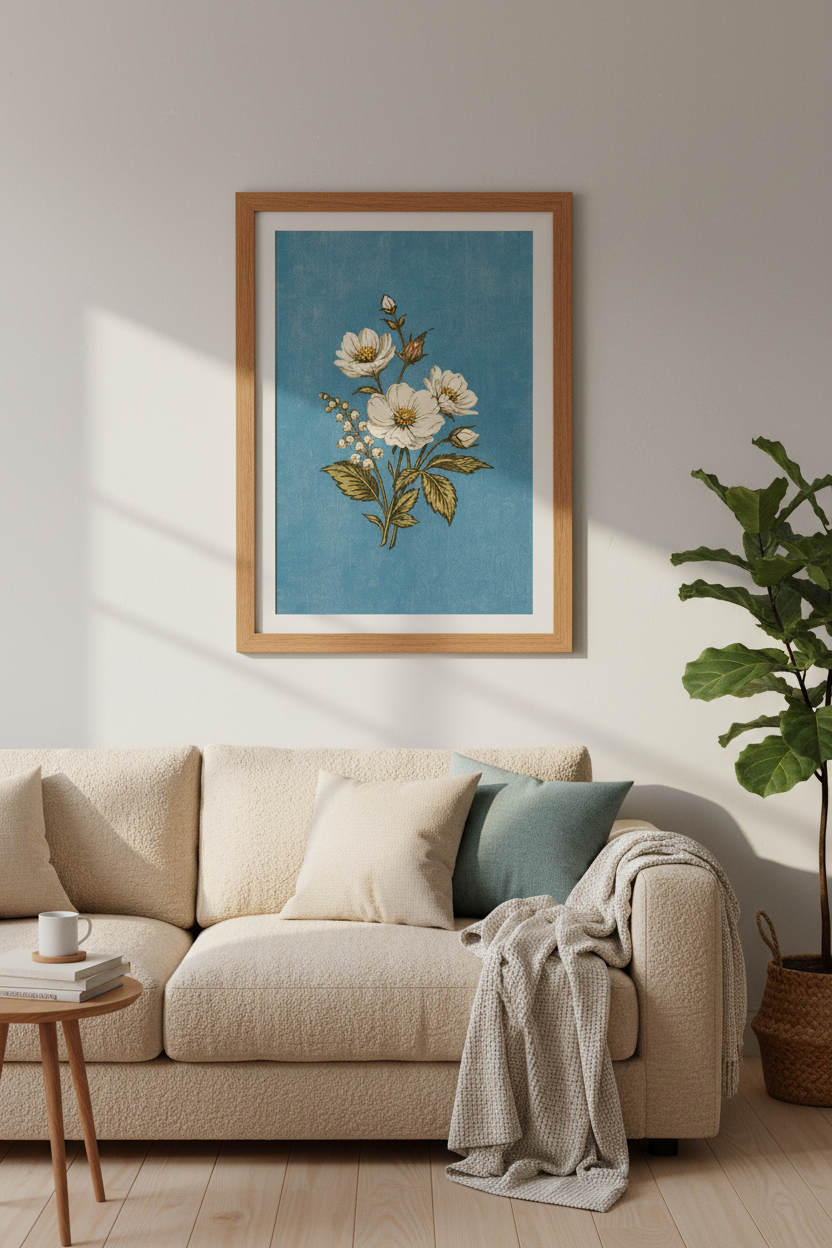 Vintage Botanical Flower Print | Blue Cottagecore Wall Art, Bedroom Decor