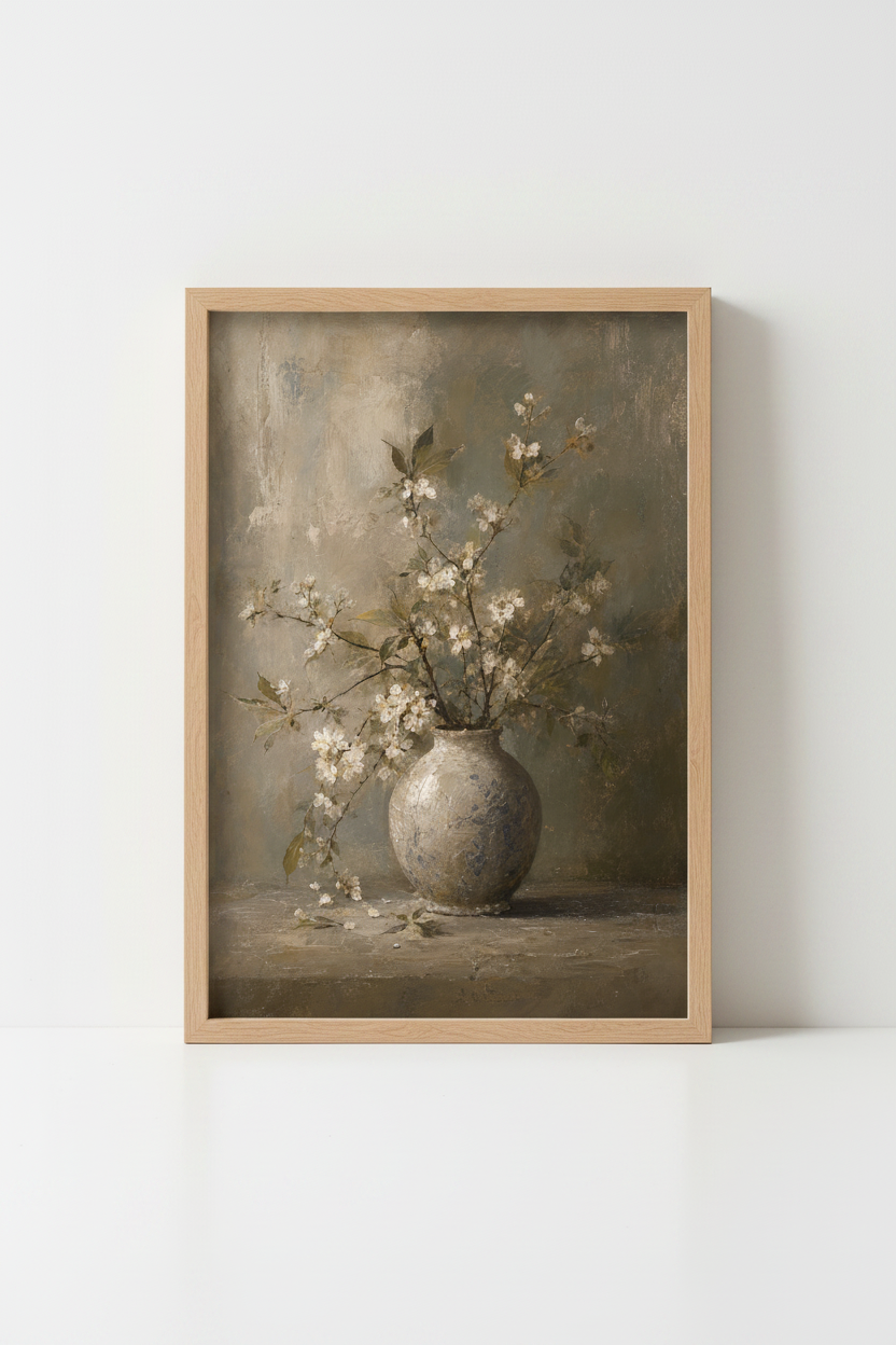 Vintage Floral Oil Painting | Muted Still Life Art Print, Rustic Farmhouse Decor Poster