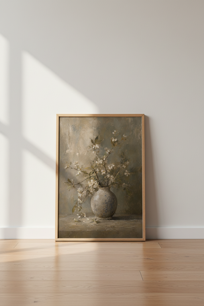 Vintage Floral Oil Painting | Muted Still Life Art Print, Rustic Farmhouse Decor Poster