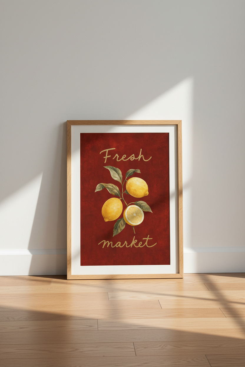 Vintage Lemon Wall Art Print | Kitchen Decor | Fresh Market Fruit Poster