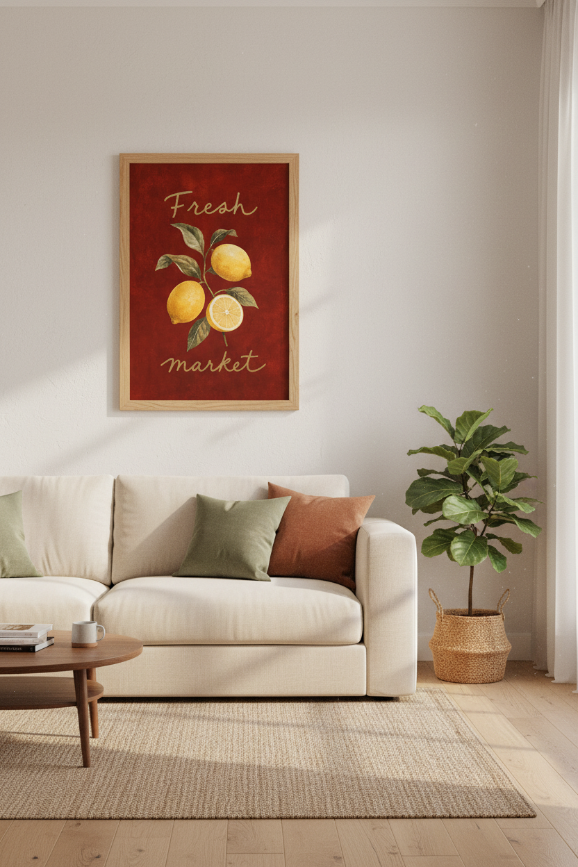 Vintage Lemon Wall Art Print | Kitchen Decor | Fresh Market Fruit Poster
