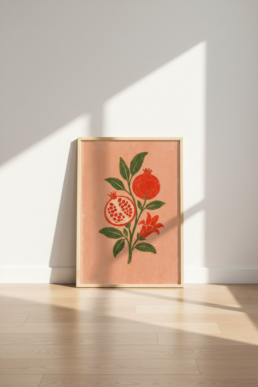 Pomegranate Botanical Wall Art | Red Fruit Folk Art Print, Kitchen Decor